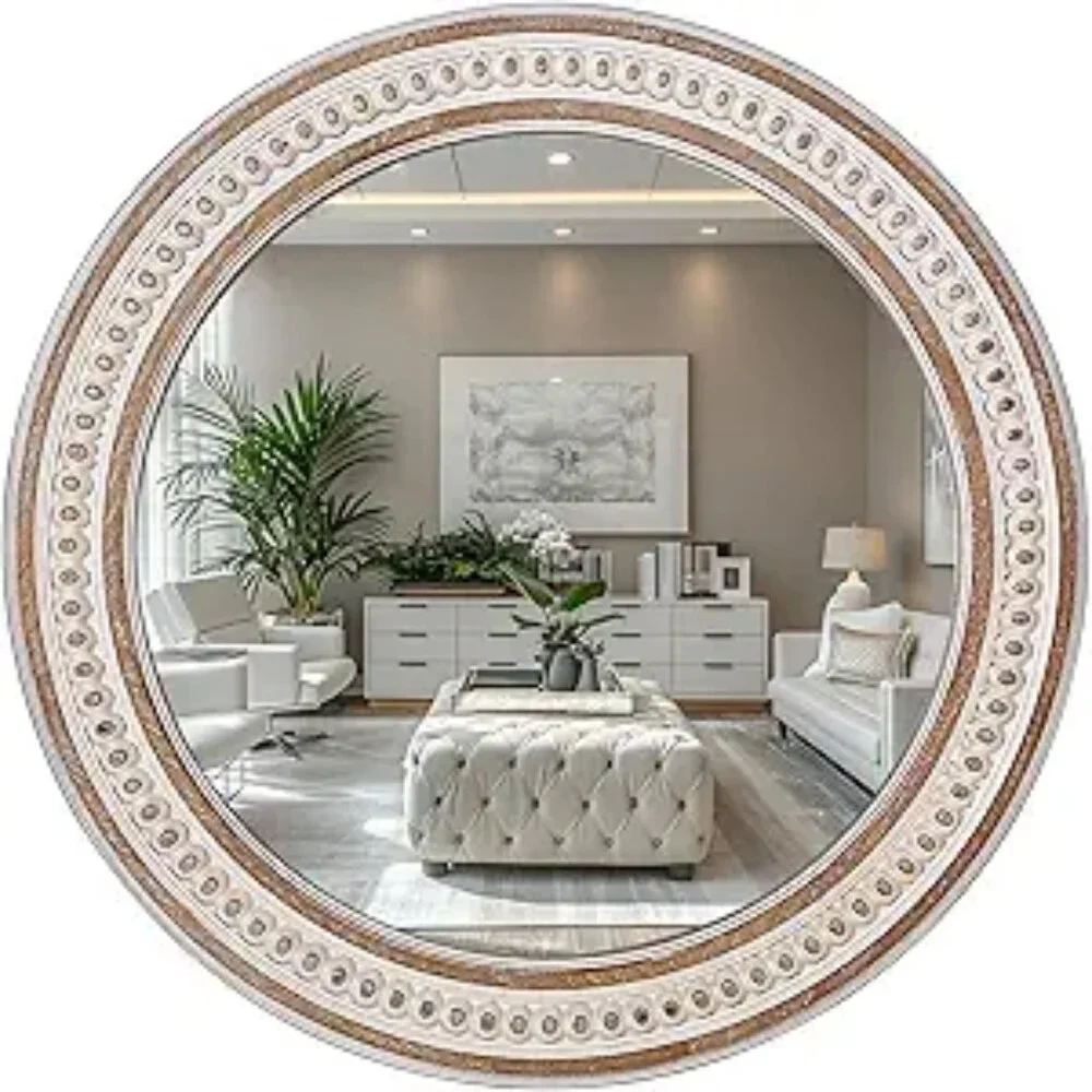 24 Inches Rustic Round Wall Mirrors -Wooden Farmhouse Circle Mirror for Bathroom